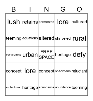 VOCABULARY BINGO Card