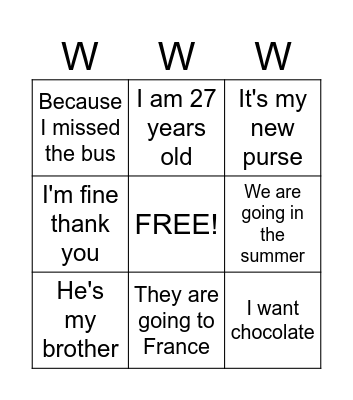 WH- QUESTION Bingo Card
