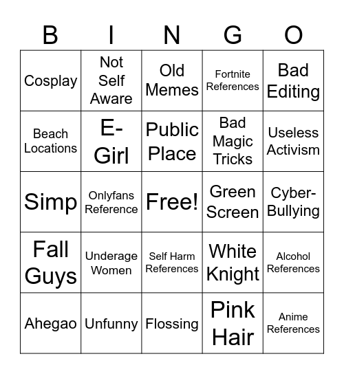TikTok Cringe Bingo Card