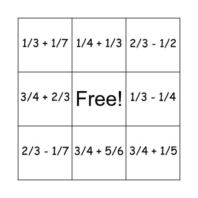 Fraction Bingo Card