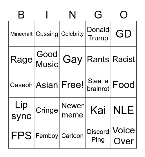 Youtube Shorts Bingo Card
