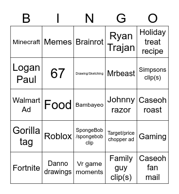 YouTube shorts bingo Card