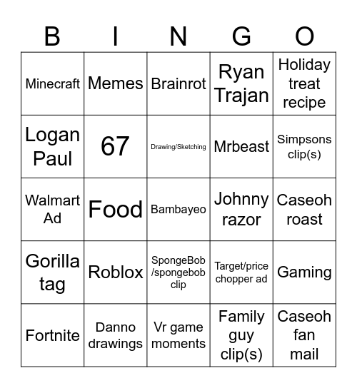 YouTube shorts bingo Card