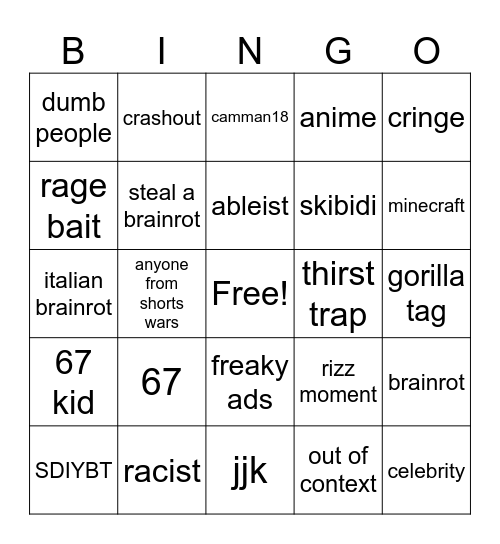 Youtube Shorts Bingo Card