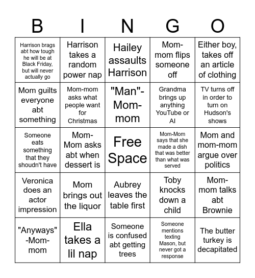 Family Thanksgiving Bingo Card