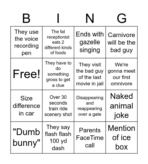 Palmer's Bingo Card