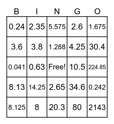 Decimal Division Card #1 Bingo Card
