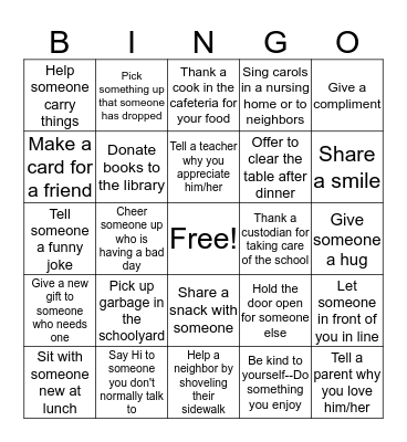 Random Acts of Kindness BINGO Card
