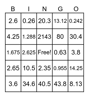 Decimal Division Bingo Card