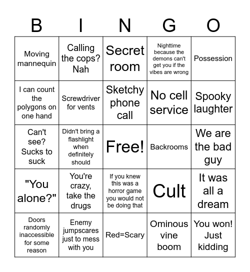 Horror Game Bingo Card