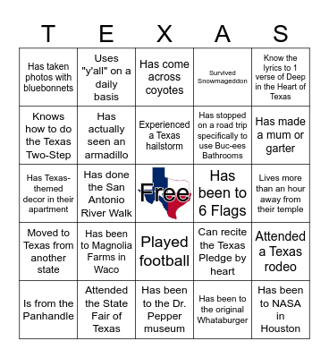 Find Someone Who ... Texas Edition Bingo Card