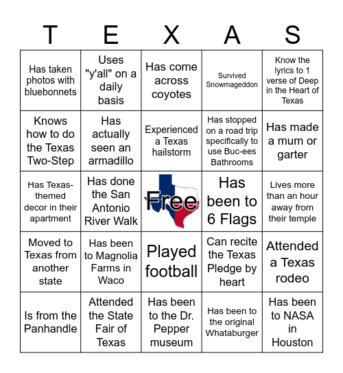 Find Someone Who ... Texas Edition Bingo Card