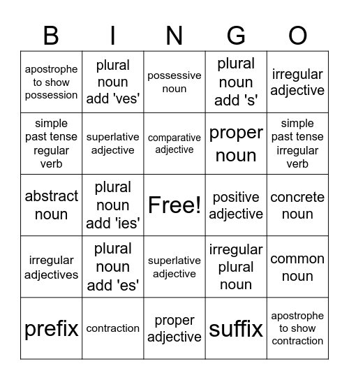 Grammar Bingo Card