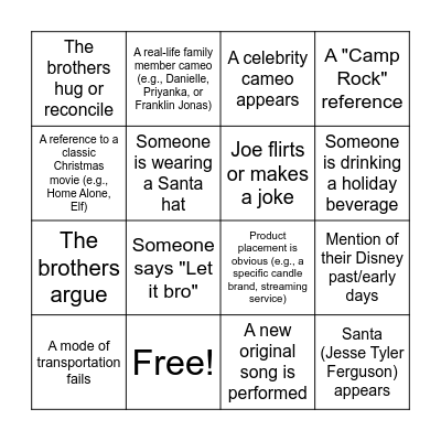 Jonas Brothers Christmas Movie Bingo Card