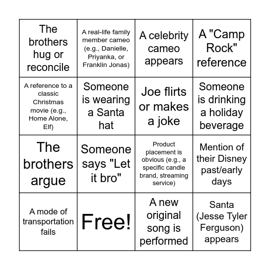 Jonas Brothers Christmas Movie Bingo Card