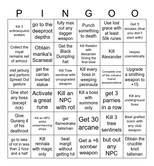 Elden ring Bingo Card