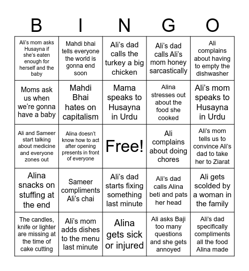 Hussain Thanksgiving Bingo Card