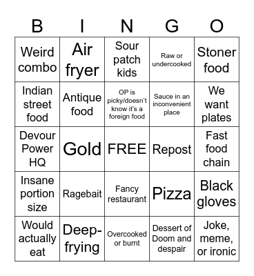 Stupid Food Bingo Card