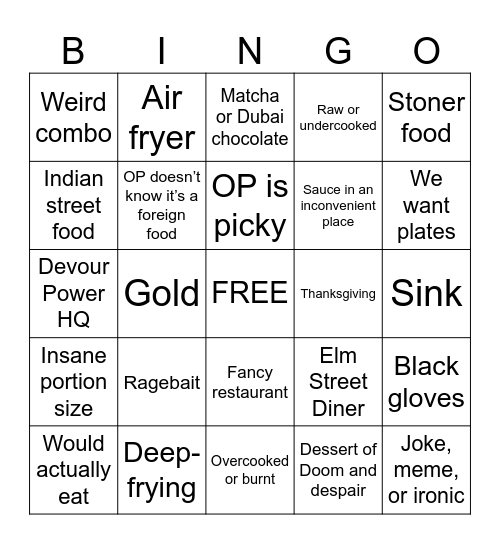 Stupid Food Bingo Card