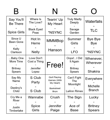 Millennial Pop Bingo Card