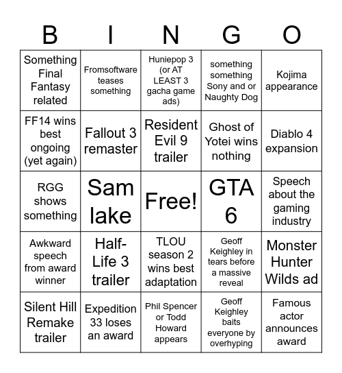 TGA 2025 Bingo Card