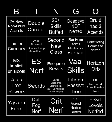 Last of the Druids Bingo Card