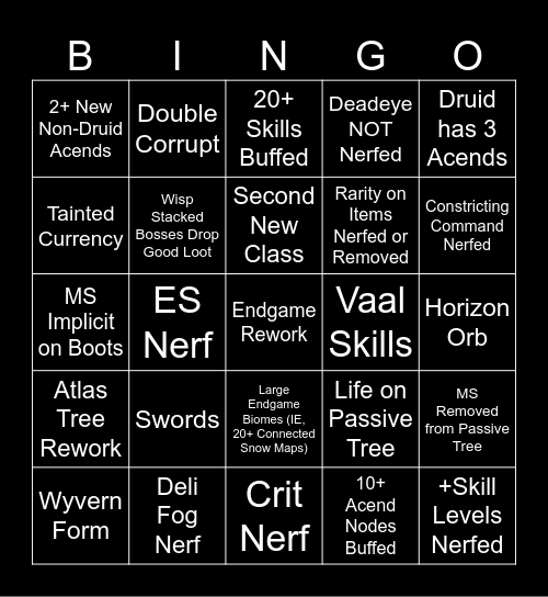 Last of the Druids Bingo Card