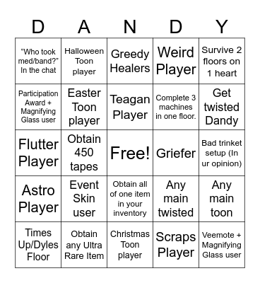 Dandy’s World Public Run Bingo Card
