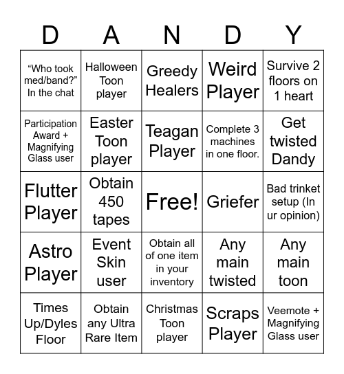 Dandy’s World Public Run Bingo Card