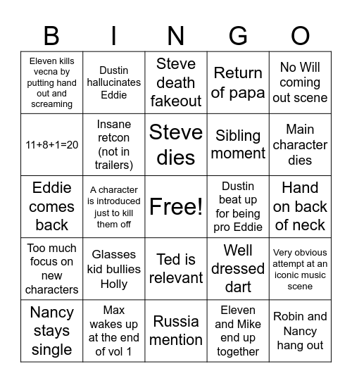 Stranger Things Season 5 Bingo Card