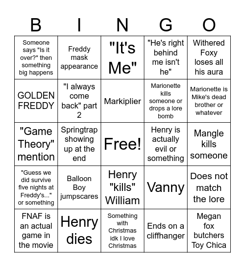FNAF 2 Movie Bingo Card