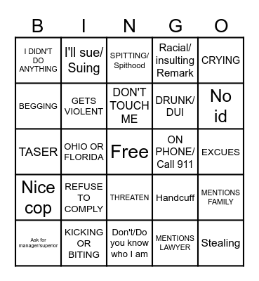 Body Cam(karen) Bingo Card