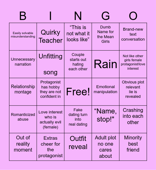 Bad Teen Movie Bingo Card