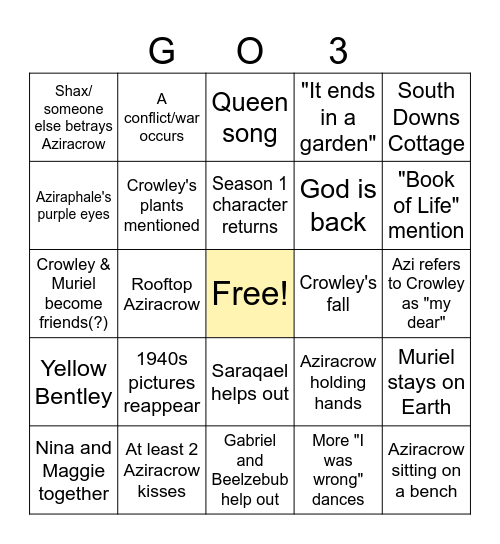 Good Omens Bingo Card