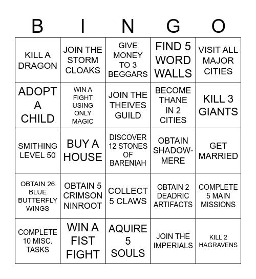 Skyrim Bingo Card