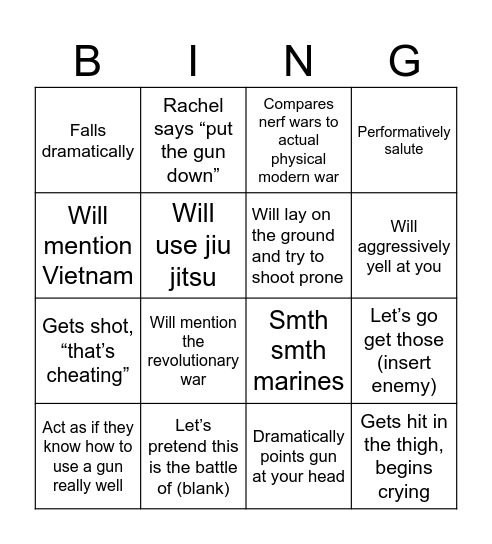 Jaegers at Nerf wars thingy Bingo Card