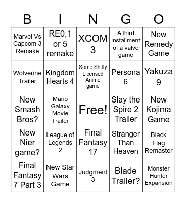 2025 Game Awards Bingo Card