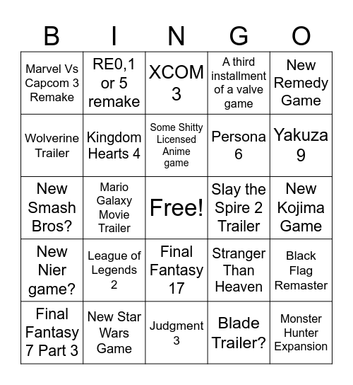 2025 Game Awards Bingo Card