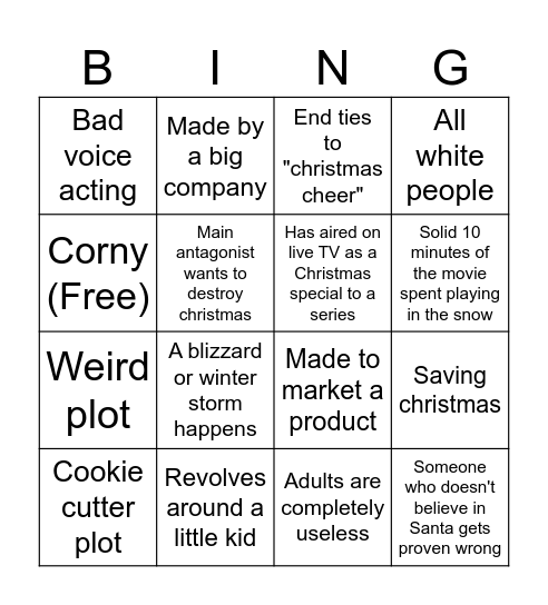 Family Friendly Christmas shows Bingo Card