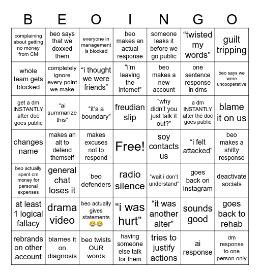Beo Bingo Card