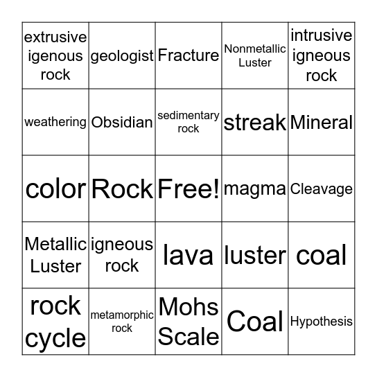 Rocks and Minerals Bingo Card