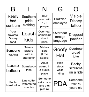 Disney World Bingo Card