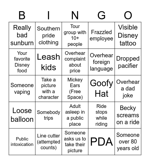 Disney World Bingo Card