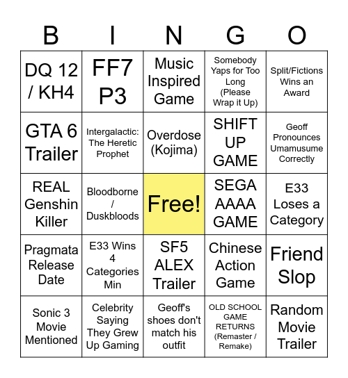 Geoff Winter Bingo Bash 2025 Bingo Card