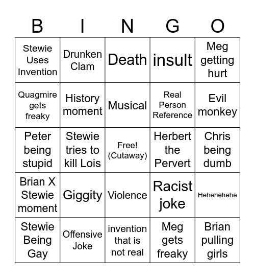 Family Guy Bingo Card
