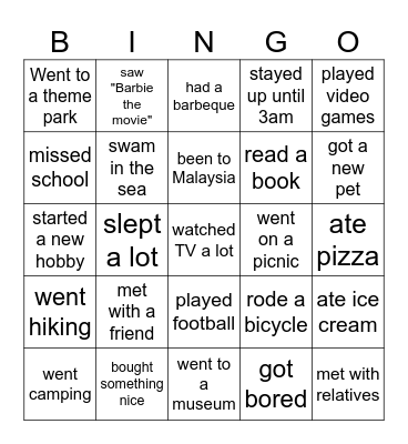 Summer holidays. Find someone who Bingo Card