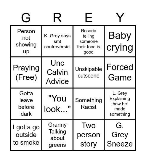 Grey Family Bingo Card