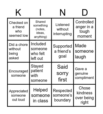 Kindness Bingo Card