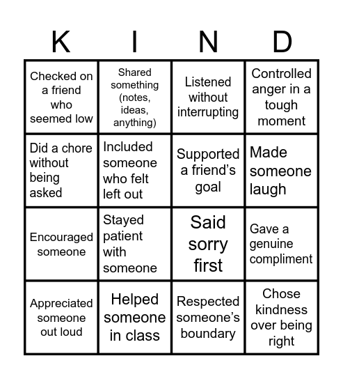 Kindness Bingo Card