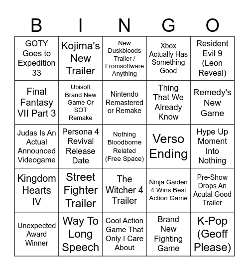 Game Awards 2025 Bingo Card